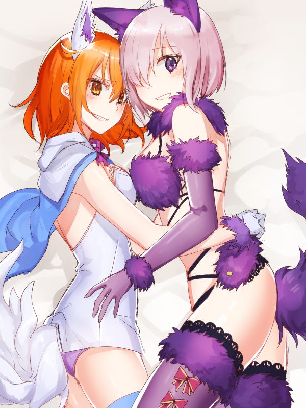 animal_ears bangs black_legwear blue_legwear blush breasts cosplay dangerous_beast dress elbow_gloves eyebrows_visible_through_hair fate/grand_order fate_(series) fou_(fate/grand_order) fou_(fate/grand_order)_(cosplay) fujimaru_ritsuka_(female) fur-trimmed_gloves fur-trimmed_legwear fur_trim gloves hair_between_eyes hair_over_one_eye lace-trimmed_legwear lavender_hair lying mash_kyrielight medium_breasts multiple_girls on_side parted_lips purple_eyes purple_gloves purple_legwear revealing_clothes short_dress short_hair small_breasts smile tail thighhighs uraha white_dress wolf_ears wolf_tail