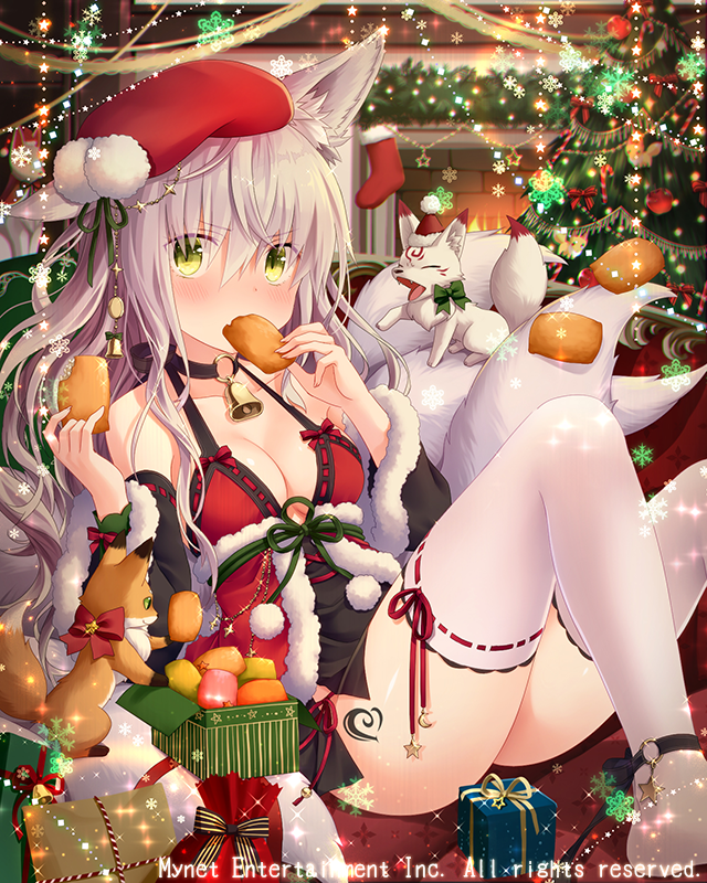 animal animal_ears bell bell_collar blush breasts christmas christmas_tree cleavage collar eating eyebrows_visible_through_hair falkyrie_no_monshou food food_in_mouth fox fox_ears fox_girl fox_tail gift green_eyes grey_hair hat holding holding_food large_breasts long_hair looking_at_viewer natsumekinoko official_art red_hat santa_hat sitting tail thighhighs white_legwear