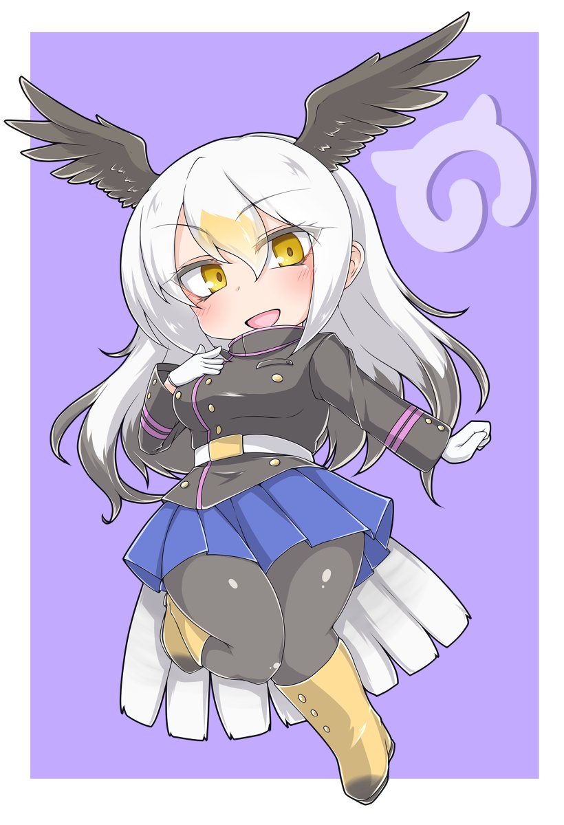 bald_eagle_(kemono_friends) bella1202 belt bird_tail bird_wings black_footwear black_hair black_jacket black_legwear black_wings blonde_hair blue_skirt blush boots breast_pocket breasts buttons eyebrows_visible_through_hair feathered_wings full_body gloves gradient_footwear hair_between_eyes hand_on_own_chest head_wings highres jacket japari_symbol kemono_friends knee_boots large_breasts leg_up long_hair long_sleeves looking_at_viewer military military_jacket military_uniform multicolored_footwear multicolored_hair open_mouth pantyhose pleated_skirt pocket simple_background skirt smile solo tail uniform white_belt white_gloves white_hair white_tail wings yellow_eyes yellow_footwear