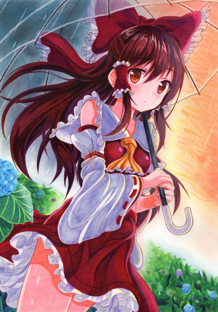 ascot bangs bare_shoulders bow breasts brown_eyes brown_hair closed_mouth cloud cloudy_sky cowboy_shot detached_sleeves dress dutch_angle evening eyebrows_visible_through_hair flower frilled_bow frilled_dress frilled_shirt_collar frills hair_bow hair_tubes hakurei_reimu highres holding holding_umbrella hydrangea kittona long_hair long_sleeves looking_at_viewer orange_sky outdoors plant rain red_bow red_dress red_ribbon ribbon ribbon-trimmed_sleeves ribbon_trim sidelocks sky small_breasts solo standing tareme touhou traditional_media transparent transparent_umbrella umbrella water watercolor_(medium) wide_sleeves