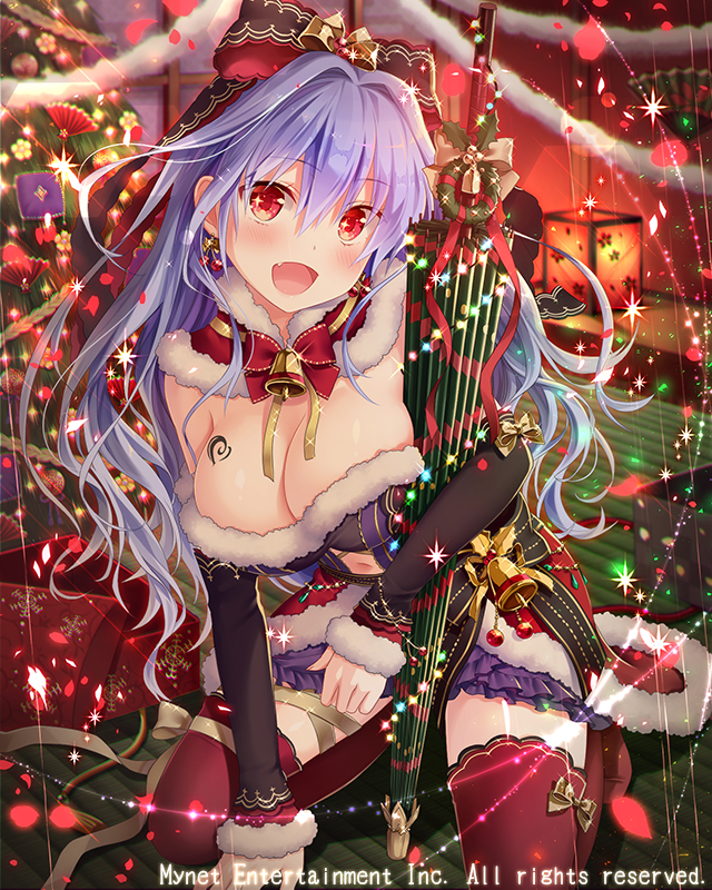 bell blush breasts cherry_earrings christmas christmas_lights christmas_tree christmas_wreath cleavage earrings eyebrows_visible_through_hair falkyrie_no_monshou fang food_themed_earrings holly jewelry large_breasts lavender_hair looking_at_viewer natsumekinoko official_art open_mouth red_eyes red_legwear seiza sitting smile solo thighhighs wreath