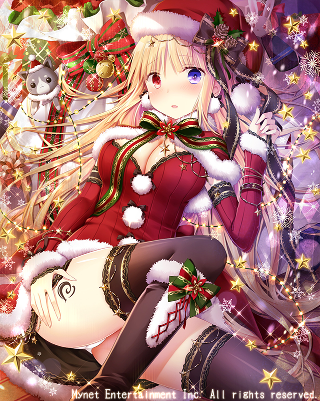 ass bell black_legwear blonde_hair blue_eyes blush bow breasts christmas christmas_ornaments christmas_tree christmas_wreath cleavage detached_sleeves eyebrows_visible_through_hair falkyrie_no_monshou green_ribbon hand_on_hip hat headdress heterochromia holly large_breasts long_hair looking_at_viewer natsumekinoko official_art panties parted_lips pinecone red_bow red_eyes red_hat red_ribbon ribbon santa_costume santa_hat stuffed_animal stuffed_bunny stuffed_cat stuffed_toy thighhighs underwear white_panties wreath