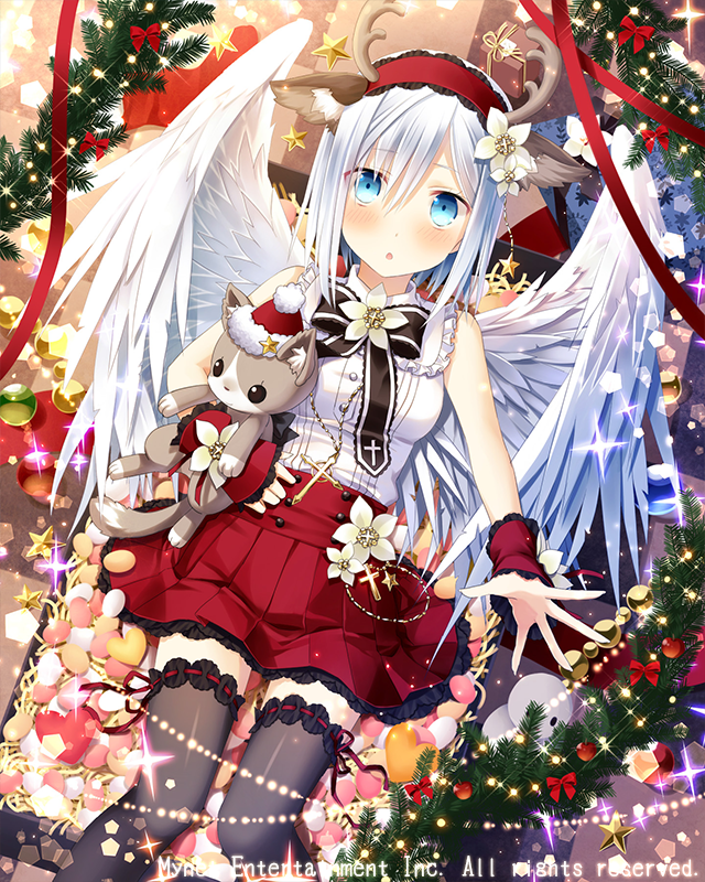 animal_ears antlers black_legwear blue_eyes blush bow christmas cross cross_necklace eyebrows_visible_through_hair fake_animal_ears fake_antlers falkyrie_no_monshou flower hat heart holding holding_stuffed_animal jewelry long_hair looking_at_viewer natsumekinoko necklace official_art parted_lips red_bow reindeer_antlers reindeer_ears santa_hat silver_hair solo stuffed_animal stuffed_cat stuffed_toy thighhighs