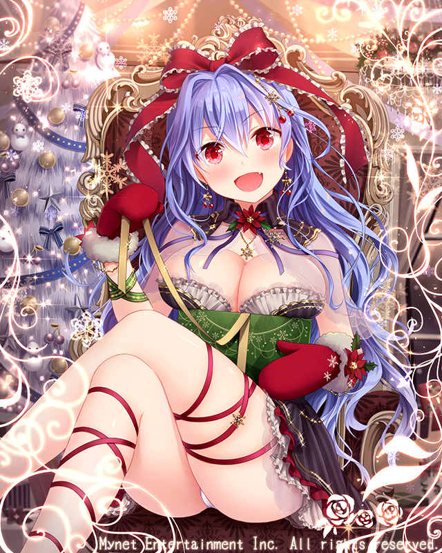 blush bow chair christmas crossed_legs eyebrows_visible_through_hair falkyrie_no_monshou fang hair_bow lavender_hair long_hair looking_at_viewer mittens natsumekinoko official_art open_mouth panties pantyshot red_bow red_eyes red_mittens red_ribbon ribbon sitting smile solo underwear white_panties