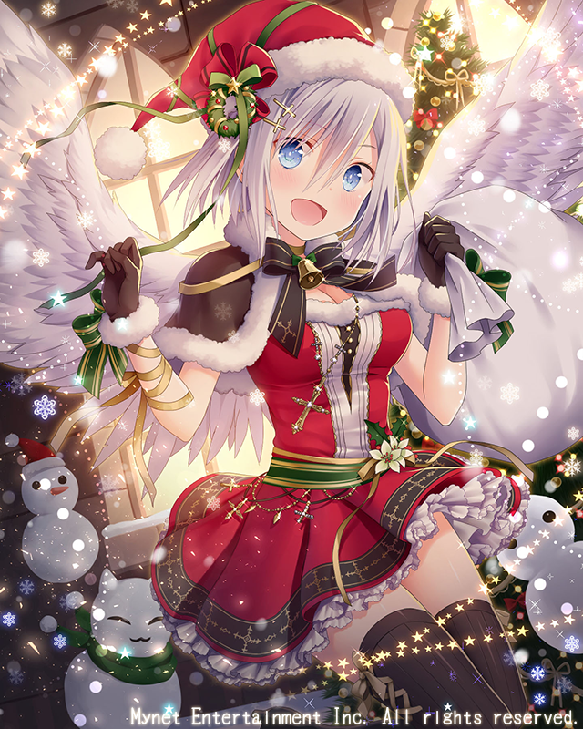 angel_wings bell black_bow black_gloves black_legwear black_ribbon blue_eyes blush bow breasts christmas christmas_wreath cleavage cross cross_hair_ornament cross_necklace eyebrows_visible_through_hair falkyrie_no_monshou flower gloves green_bow hair_ornament hat holly jewelry large_breasts looking_at_viewer natsumekinoko necklace official_art open_mouth red_hat ribbon sack santa_costume santa_hat short_hair silver_hair smile snowman solo thighhighs wings wreath