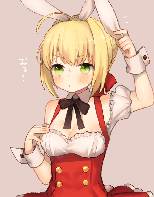 ahoge animal_ears blonde_hair blush breasts bunny_ears cleavage detached_collar dress fate/extra fate_(series) green_eyes hair_intakes medium_breasts munuko nero_claudius_(fate) nero_claudius_(fate)_(all) o3o red_dress solo wrist_cuffs