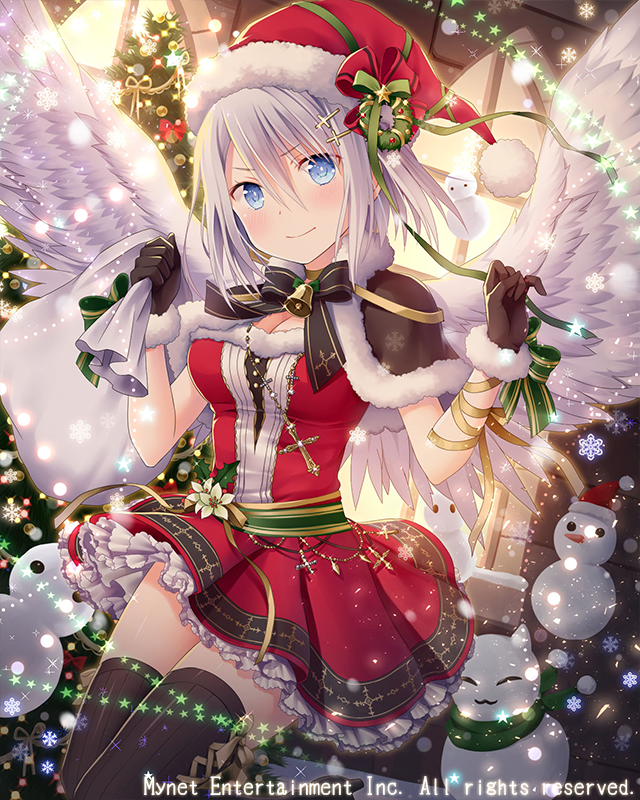 angel_wings bell black_bow black_gloves black_legwear black_ribbon blue_eyes blush bow breasts christmas christmas_wreath cleavage cross cross_hair_ornament cross_necklace eyebrows_visible_through_hair falkyrie_no_monshou flower gloves green_bow hair_ornament hat holly jewelry large_breasts looking_at_viewer natsumekinoko necklace official_art red_hat ribbon sack santa_costume santa_hat short_hair silver_hair smile snowman solo thighhighs wings wreath