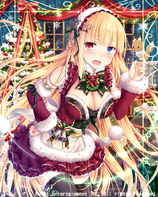 bell black_legwear blonde_hair blue_eyes blush bow breasts christmas christmas_ornaments christmas_tree christmas_wreath cleavage detached_sleeves eyebrows_visible_through_hair falkyrie_no_monshou fang green_ribbon hand_on_hip hat headdress heterochromia large_breasts long_hair looking_at_viewer natsumekinoko official_art open_mouth red_bow red_eyes red_hat red_ribbon ribbon santa_costume santa_hat smile stuffed_animal stuffed_fox stuffed_toy teddy_bear thighhighs wreath