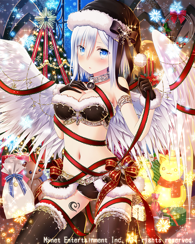 angel_wings bell bell_collar black_bow black_gloves black_hat black_legwear blue_eyes blush bow breasts christmas cleavage collar eyebrows_visible_through_hair falkyrie_no_monshou gift gloves hand_on_own_chest hat large_breasts long_hair looking_at_viewer natsumekinoko navel official_art parted_lips red_ribbon ribbon santa_hat silver_hair snowflakes thighhighs wings