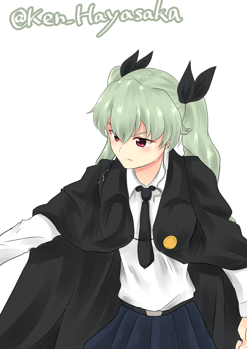 :| anchovy anzio_school_uniform black_cape black_neckwear blush cape capelet closed_mouth commentary_request drill_hair girls_und_panzer green_hair highres ken_hayasaka necktie red_eyes skirt solo twitter_username v-shaped_eyebrows white_background