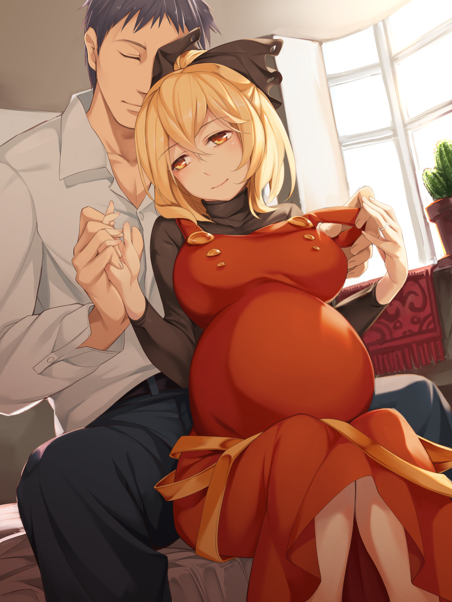 1girl asutora belt black_bow black_hair blonde_hair bow breasts buttons closed_eyes collared_shirt commentary couple dress dress_shirt hair_bow hetero highres holding_hands husband_and_wife indoors jewelry kurodani_yamame large_breasts long_sleeves on_bed orange_dress orange_eyes pants plant potted_plant pregnant ring shirt sitting sitting_on_bed smile strap_pull touhou wedding_band white_shirt wing_collar