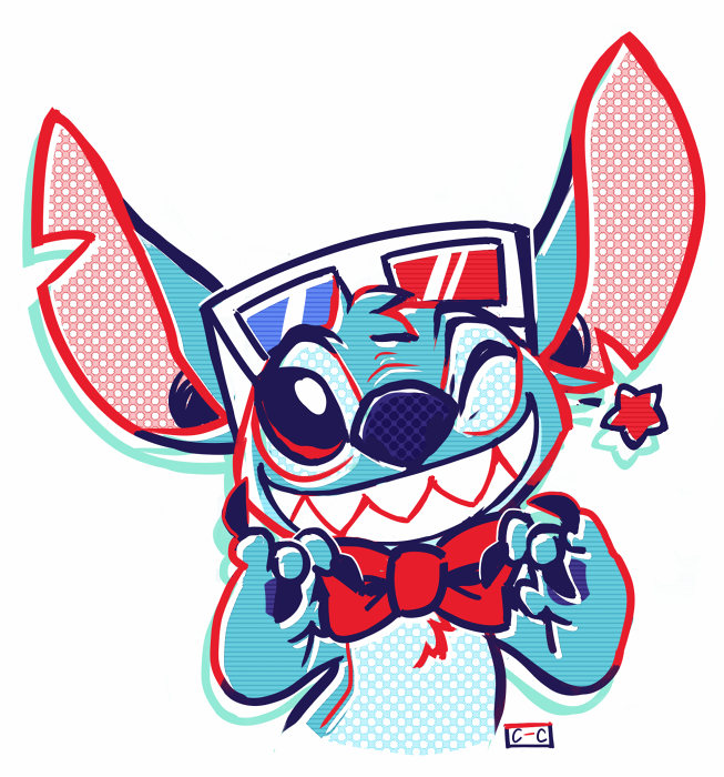 2013 3d_glasses 4_fingers alien blue_claws blue_eyes blue_fur blue_nose bow_tie chest_tuft claws crayon-chewer digital_media_(artwork) disney experiment_(species) fur grin head_tuft lilo_and_stitch looking_at_viewer notched_ear one_eye_closed simple_background smile solo star stitch tuft white_background wink