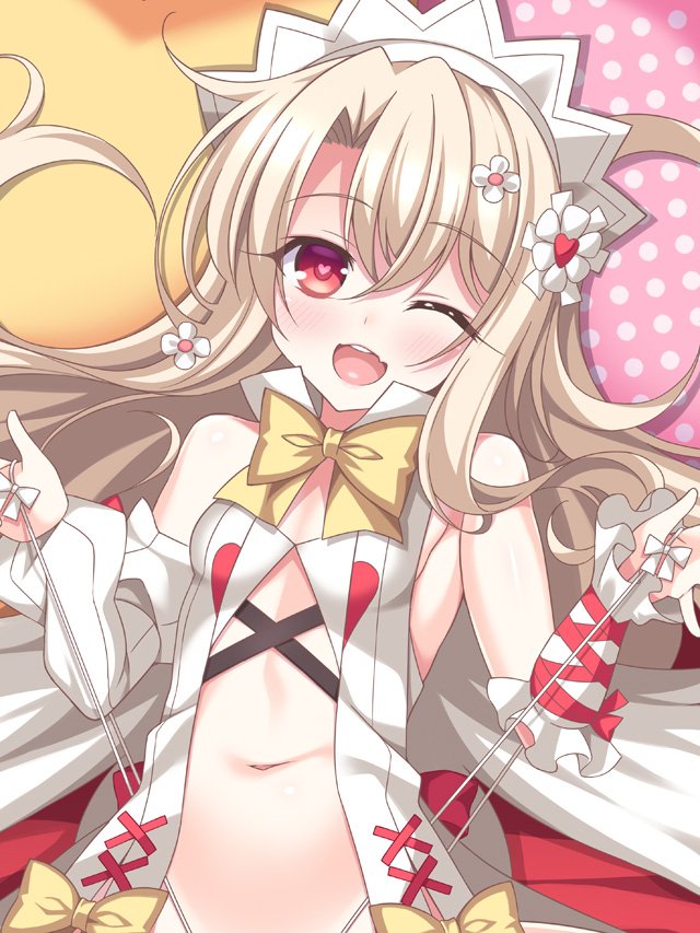 ;d bare_shoulders blonde_hair blush bow breasts center_opening choco_angel eyebrows_visible_through_hair fate/grand_order fate/kaleid_liner_prisma_illya fate_(series) hair_ornament heart heart-shaped_pupils illyasviel_von_einzbern long_hair looking_at_viewer navel one_eye_closed open_mouth pulled_by_self red_eyes small_breasts smile solo soukai_(lemonmaiden) strap_pull symbol-shaped_pupils upper_body yellow_bow
