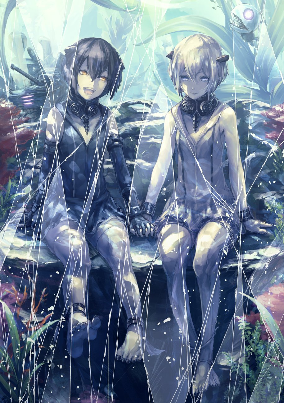 abyssal_twin_hime_(black) abyssal_twin_hime_(white) barefoot black_dress black_gloves black_hair black_nails blue_eyes commentary_request crack dress elbow_gloves gloves hair_between_eyes highres holding_hands kantai_collection looking_at_viewer multiple_girls nail_polish nina_(ninageya) ocean_bottom open_mouth shinkaisei-kan short_hair sitting sleeveless sleeveless_dress smile submerged thighhighs underwater white_dress white_hair white_legwear yellow_eyes