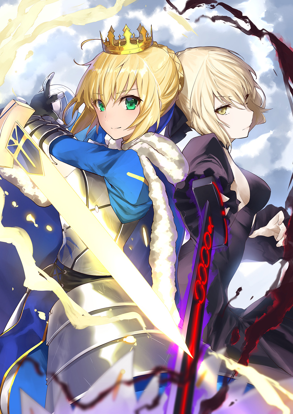 ahoge armor artoria_pendragon_(all) back-to-back bangs black_dress blonde_hair blue_cape blue_dress bow breasts cape choker cloud cloudy_sky crown day dress excalibur expressionless eyebrows_visible_through_hair fate/stay_night fate_(series) frilled_sleeves frills fur_trim gauntlets green_eyes hair_bow hair_bun highres looking_at_viewer medium_breasts multiple_girls pale_skin saber saber_alter sideboob sky smile sword weapon yaman yellow_eyes