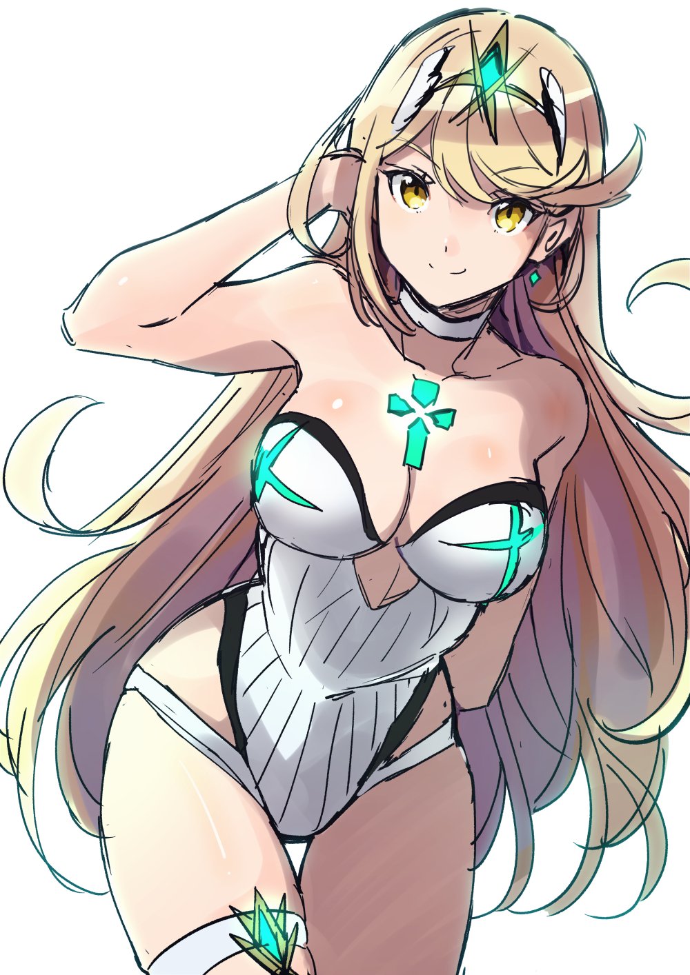 bare_shoulders blonde_hair blush breasts casual_one-piece_swimsuit flying_sweatdrops gem groin headpiece hews_hack highres hikari_(xenoblade_2) large_breasts long_hair nintendo one-piece_swimsuit shiny shiny_hair solo swimsuit thick_thighs thigh_gap thighs underboob underboob_cutout very_long_hair white_swimsuit wide_hips xenoblade_(series) xenoblade_2 yellow_eyes