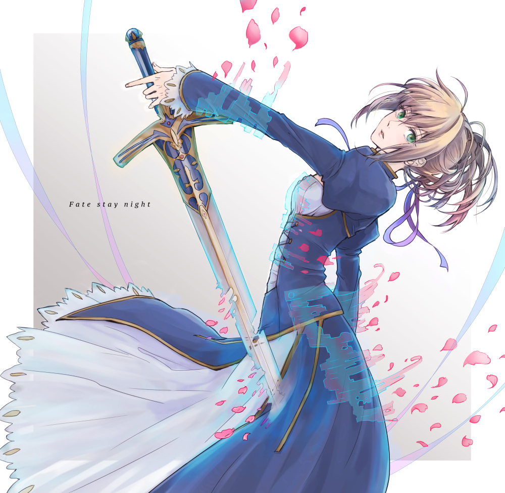 ahoge artoria_pendragon_(all) bangs banned_artist blonde_hair blue_dress blue_ribbon caliburn copyright_name dress fate/stay_night fate_(series) from_side green_eyes hair_ribbon holding holding_sword holding_weapon looking_at_viewer orii_(orii_i) parted_lips petals ponytail ribbon saber sidelocks solo sword weapon