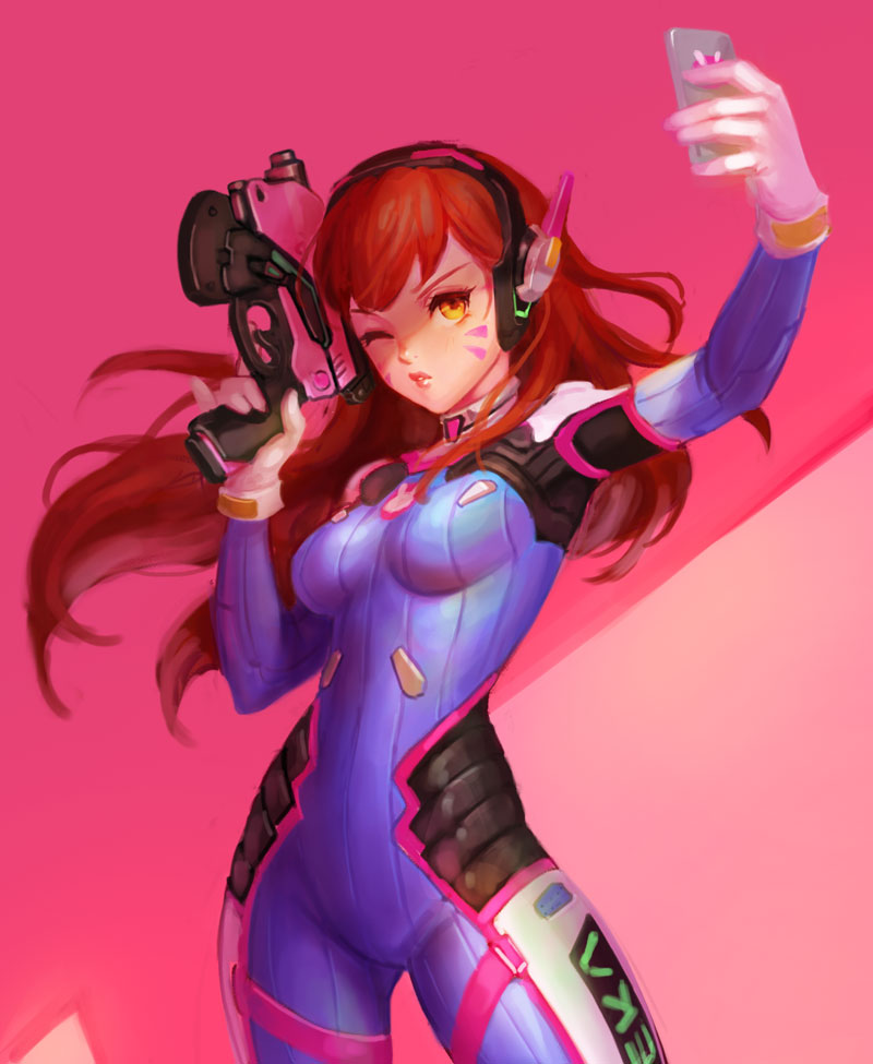 acronym animal_print bad_id bad_pixiv_id bangs blue_bodysuit bodysuit breasts brown_eyes brown_hair bunny_print casasak cellphone charm_(object) clothes_writing cowboy_shot d.va_(overwatch) facepaint facial_mark gloves gradient gradient_background gun handgun headphones high_collar holding holding_gun holding_phone holding_weapon long_hair medium_breasts one_eye_closed overwatch parted_lips phone pilot_suit pink_background pink_lips pinky_out pistol self_shot shoulder_pads skin_tight smartphone solo swept_bangs weapon whisker_markings white_gloves