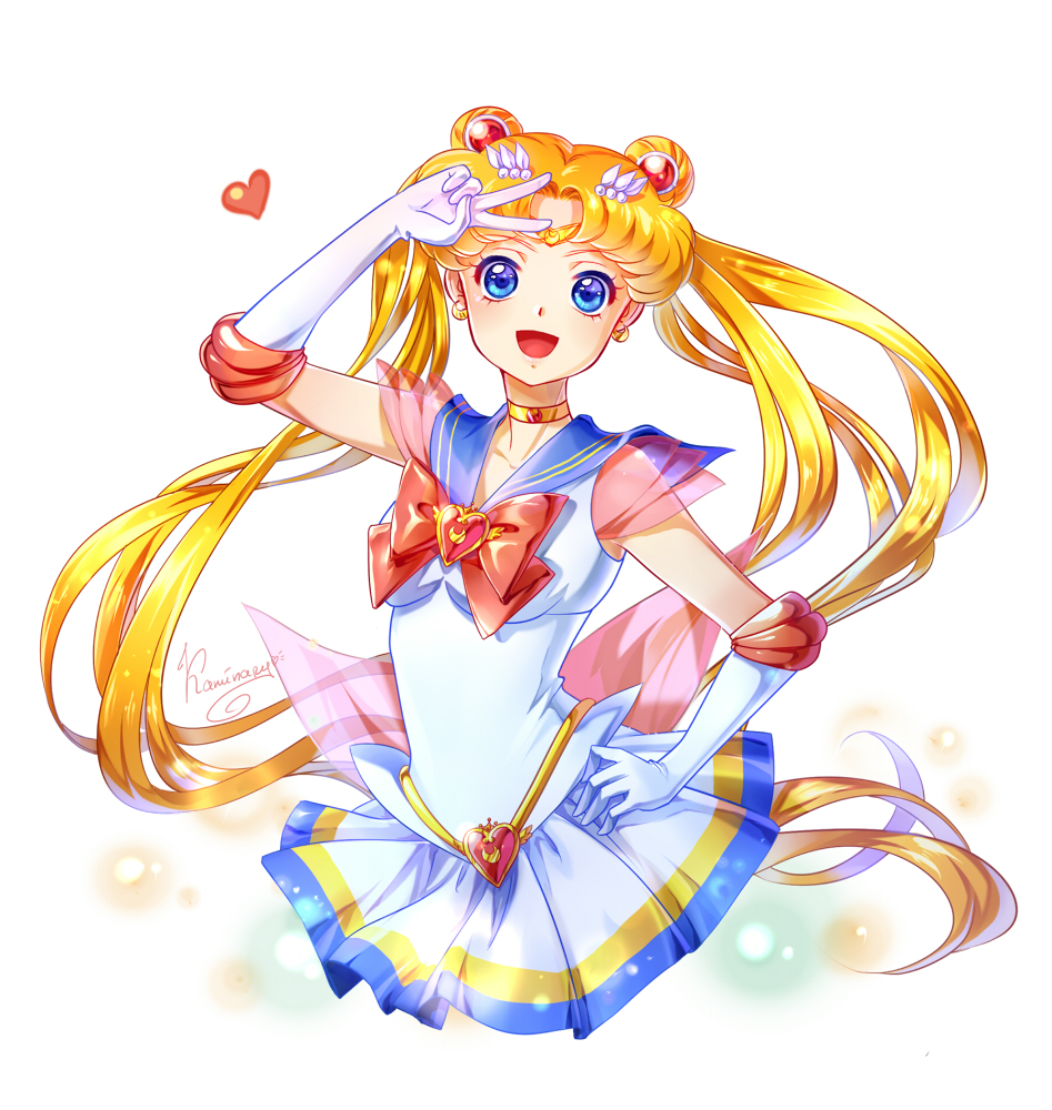 :d bishoujo_senshi_sailor_moon blonde_hair blue_eyes blue_sailor_collar bow brooch choker circlet cowboy_shot crescent crescent_earrings double_bun earrings elbow_gloves gloves hair_ornament hairpin hand_on_hip jewelry kaminary long_hair looking_at_viewer magical_girl multicolored multicolored_clothes multicolored_skirt open_mouth pleated_skirt red_bow sailor_collar sailor_moon sailor_senshi_uniform signature skirt smile solo super_sailor_moon tsukino_usagi twintails v white_background white_gloves yellow_choker