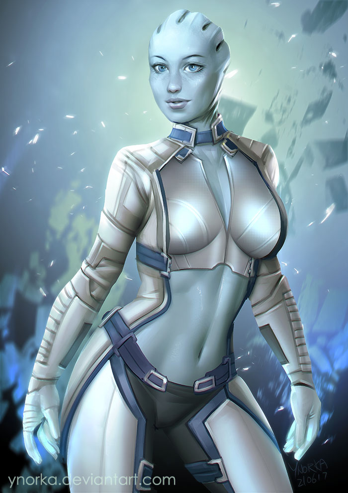 1girl alien asari bald blue_eyes blue_skin dated freckles gradient gradient_background liara_t'soni mass_effect mass_effect_3 navel no_humans solo ynorka