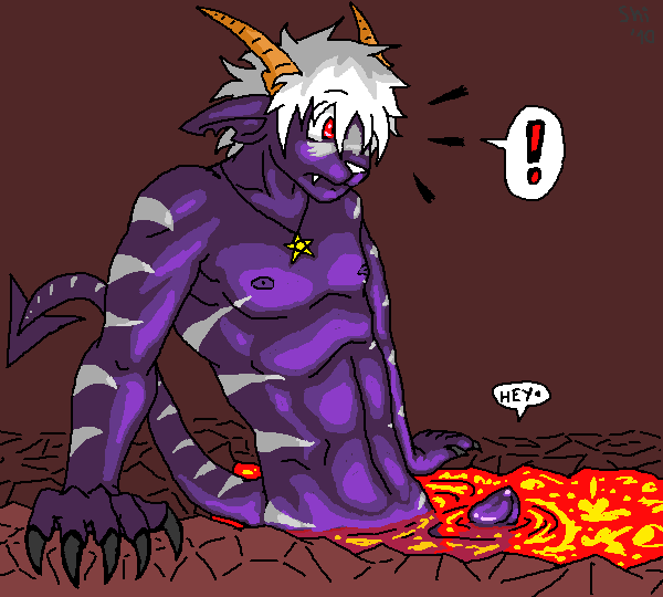 ! buwaro_elexion claws demon dialog erection hey lava male muscles nude penis red_eyes slightly_damned solo surprise talking_penis text unknown_artist webcomic what
