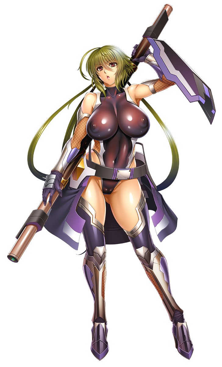 1girl asagiri breasts covered_navel curvy erect_nipples female full_body green_hair huge_breasts legs leotard lilith-soft long_hair looking_at_viewer open_mouth partially_visible_vulva ponytail red_eyes serious shijo_kisaragi shiny shiny_skin skin_tight solo standing taimanin_(series) taimanin_asagi taimanin_asagi_battle_arena thong_leotard weapon