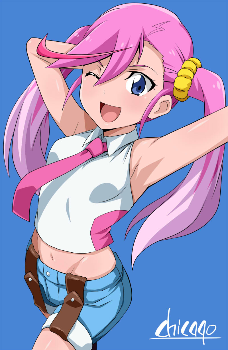 armpits artist_name blue_background blue_eyes breasts crop_top digimon digimon_universe:_appli_monsters from_above groin hand_behind_head highres karan_eri long_hair looking_at_viewer midriff navel necktie one_eye_closed open_mouth pink_hair scrunchie shikapu shirt shorts sleeveless sleeveless_shirt small_breasts smile solo twintails yellow_scrunchie
