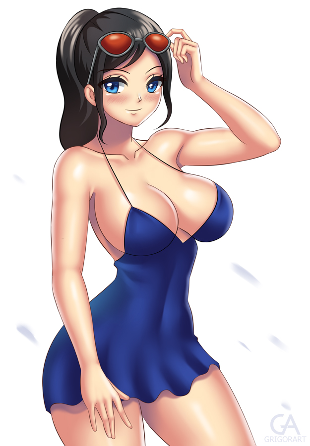 arm_at_side artist_name bangs bare_arms bare_shoulders black_hair blue_dress blue_eyes blush breasts cleavage closed_mouth collarbone contrapposto covered_navel dress eyebrows_visible_through_hair eyelashes eyewear_on_head grigorart hand_on_eyewear large_breasts legs_apart long_hair looking_at_viewer nico_robin one_piece petals ponytail short_dress sidelocks simple_background sleeveless sleeveless_dress smile solo standing strap_gap sunglasses swept_bangs white_background