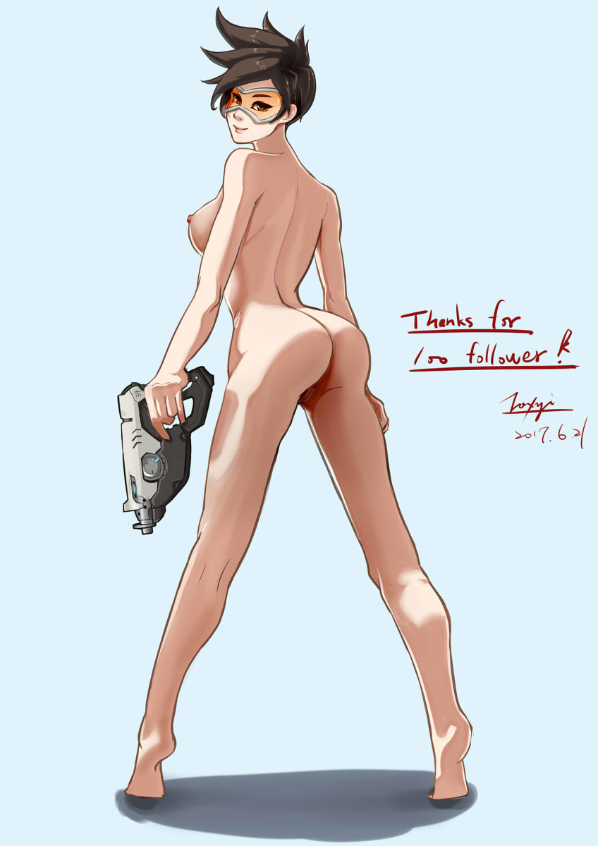 1girl 2017 artist_request ass barefoot blue_background breasts brown_hair dated engrish from_behind goggles gun looking_at_viewer looking_back medium_breasts nipples nude overwatch pussy side_boob simple_background soles solo spiked_hair text tiptoes tracer_(overwatch) weapon