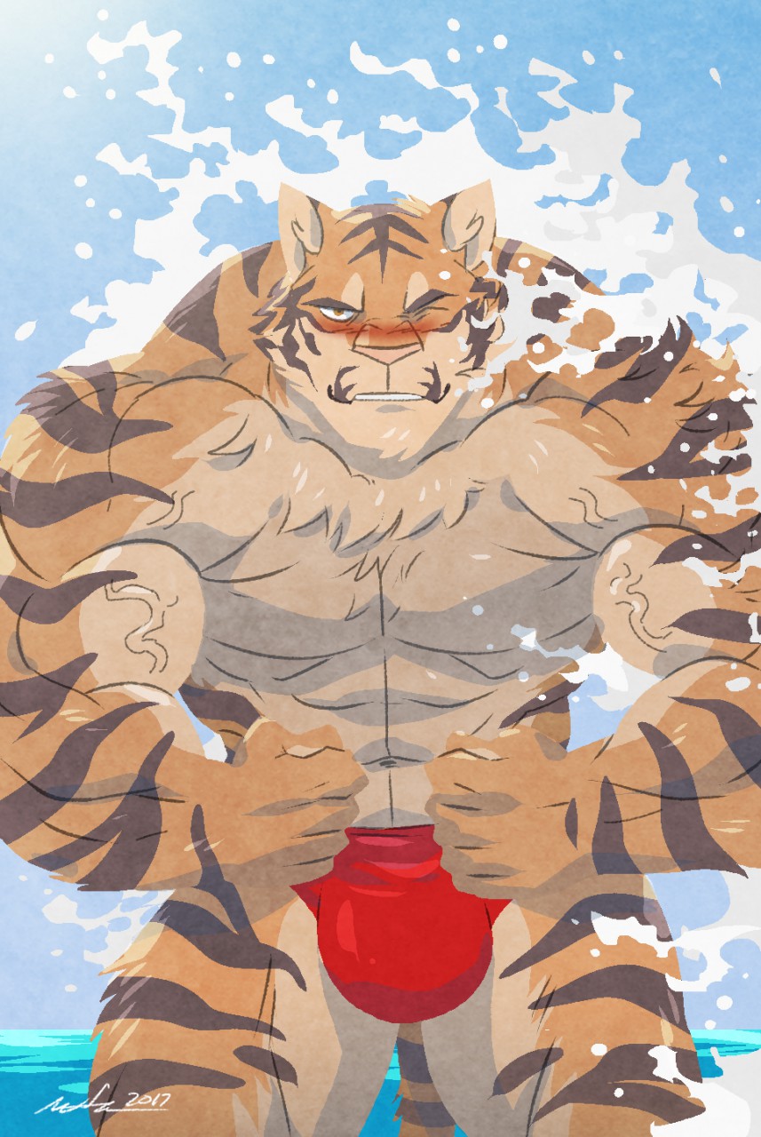 2017 abs anthro beach biceps big_muscles black_fur blush brown_eyes bulge clenched_teeth clothing feline fist flexing fur hi_res looking_at_viewer male mammal muscular muscular_male navel one_eye_closed orange_fur outside pecs seaside signature solo speedo standing stripes swimsuit teeth tiger vein veiny_muscles water wfa white_fur wink