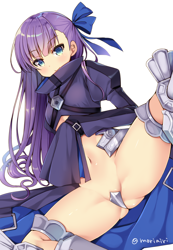 armor armored_boots blue_eyes blue_ribbon boots breasts crotch_plate eyebrows_visible_through_hair fate/extra fate/extra_ccc fate_(series) hair_ribbon juliet_sleeves long_hair long_sleeves looking_at_viewer meltlilith mori_airi navel puffy_sleeves purple_hair revealing_clothes ribbon sleeves_past_wrists small_breasts smile solo spread_legs stomach thighs twitter_username