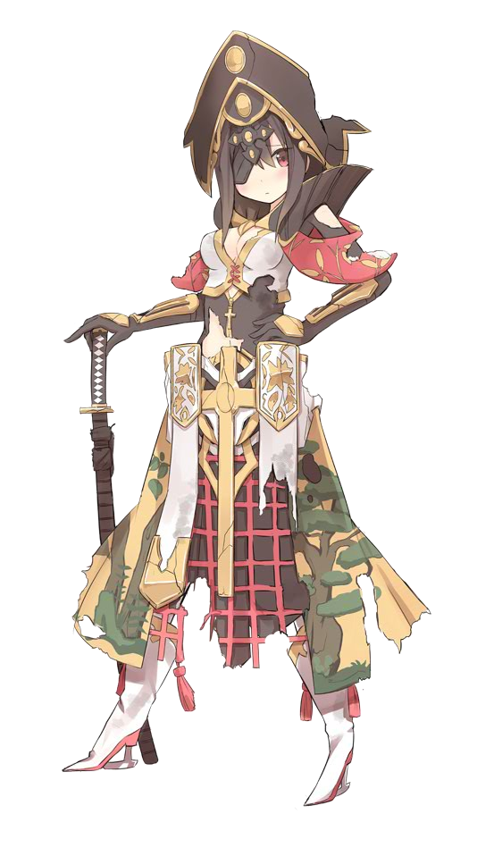 black_hair breasts cleavage elbow_gloves eyepatch full_body gloves hat high_heels isegawa_yasutaka looking_at_viewer medium_breasts official_art oshiro_project oshiro_project_re red_eyes sendai_(oshiro_project) solo sword torn_clothes transparent_background weapon