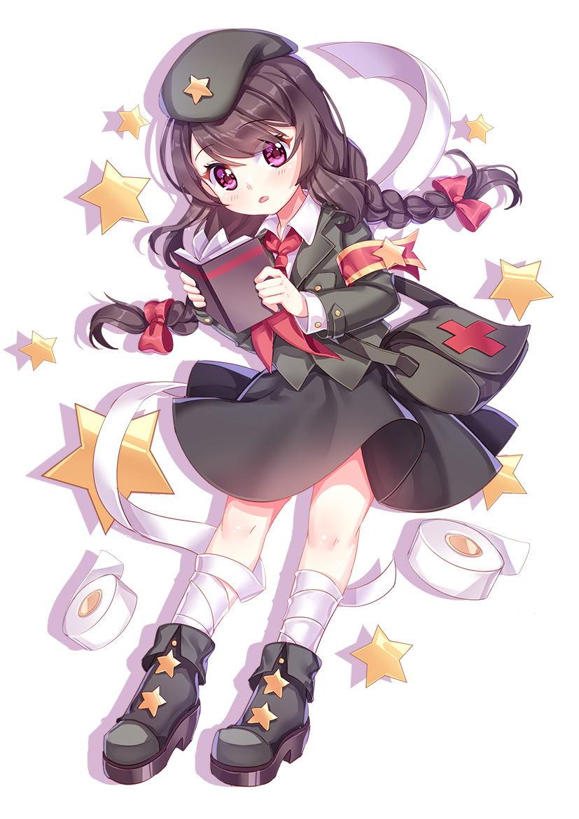 black_skirt book boots braid brown_hair eyebrows_visible_through_hair girls_frontline high_heel_boots high_heels holding holding_book kan_(rainconan) long_hair looking_at_viewer neckerchief open_book parted_lips pink_eyes red_neckwear skirt solo star twin_braids type_56_carbine_(girls_frontline)