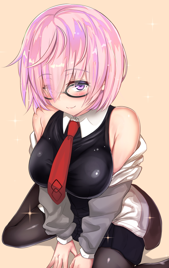 bare_shoulders black_dress black_legwear blush breasts collared_shirt dress fate/grand_order fate_(series) glasses grey_jacket hair_over_one_eye hood hoodie jacket jacket_on_shoulders kneeling large_breasts long_sleeves looking_at_viewer mash_kyrielight necktie pantyhose pink_background pink_hair purple_eyes red_neckwear shirt short_hair smile solo untsue