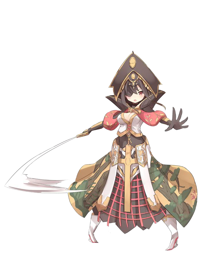 black_hair breasts cleavage elbow_gloves eyepatch full_body gloves hat high_heels holding holding_weapon isegawa_yasutaka looking_at_viewer medium_breasts official_art oshiro_project oshiro_project_re red_eyes sendai_(oshiro_project) solo sword transparent_background weapon