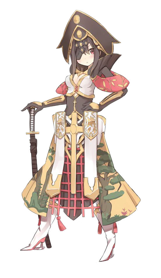 black_hair breasts cleavage elbow_gloves eyepatch full_body gloves hat high_heels holding holding_weapon isegawa_yasutaka looking_at_viewer medium_breasts official_art oshiro_project oshiro_project_re red_eyes sendai_(oshiro_project) solo sword transparent_background weapon