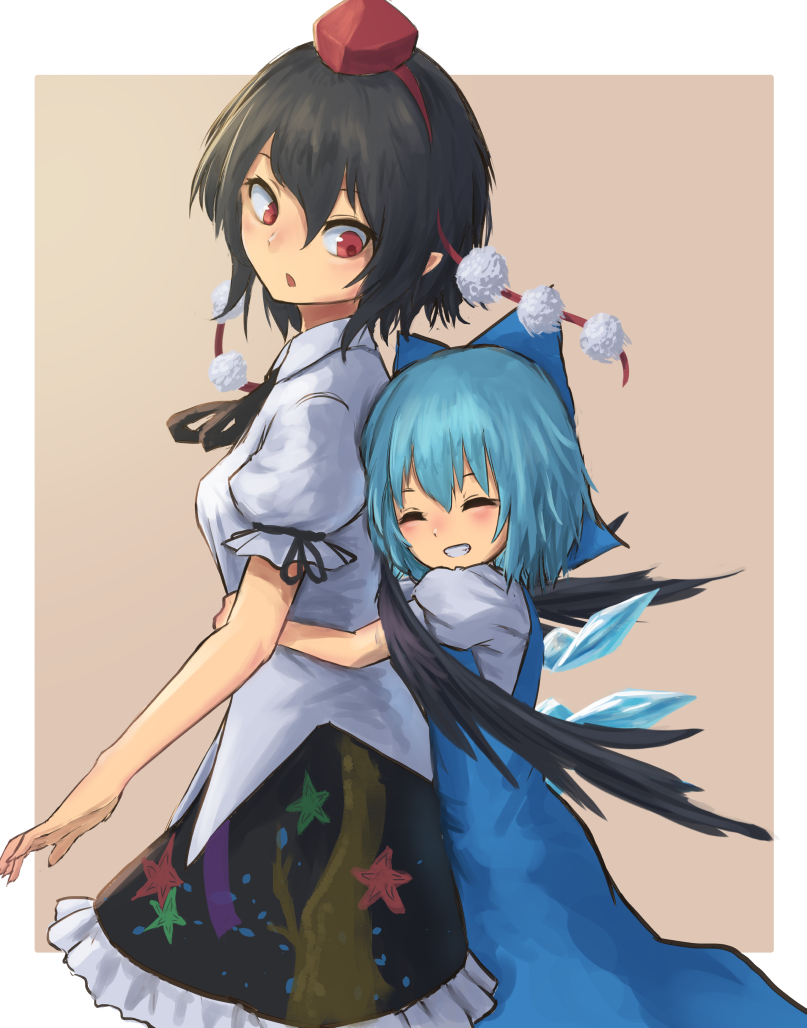 :o arm_ribbon bangs black_hair black_ribbon black_skirt black_wings blue_bow blue_dress blue_hair blush bow breasts cirno closed_eyes collared_shirt commentary dress frilled_skirt frills grin hair_bow hat height_difference hug hug_from_behind ice ice_wings looking_back medium_breasts multiple_girls neck_ribbon patterned_clothing pointy_ears pom_pom_(clothes) puffy_sleeves red_hair red_hat ribbon roke_(taikodon) shameimaru_aya shirt short_hair short_sleeves simple_background skirt sleeveless sleeveless_dress smile star tan_background tokin_hat touhou white_background white_shirt wing_collar wings yuri