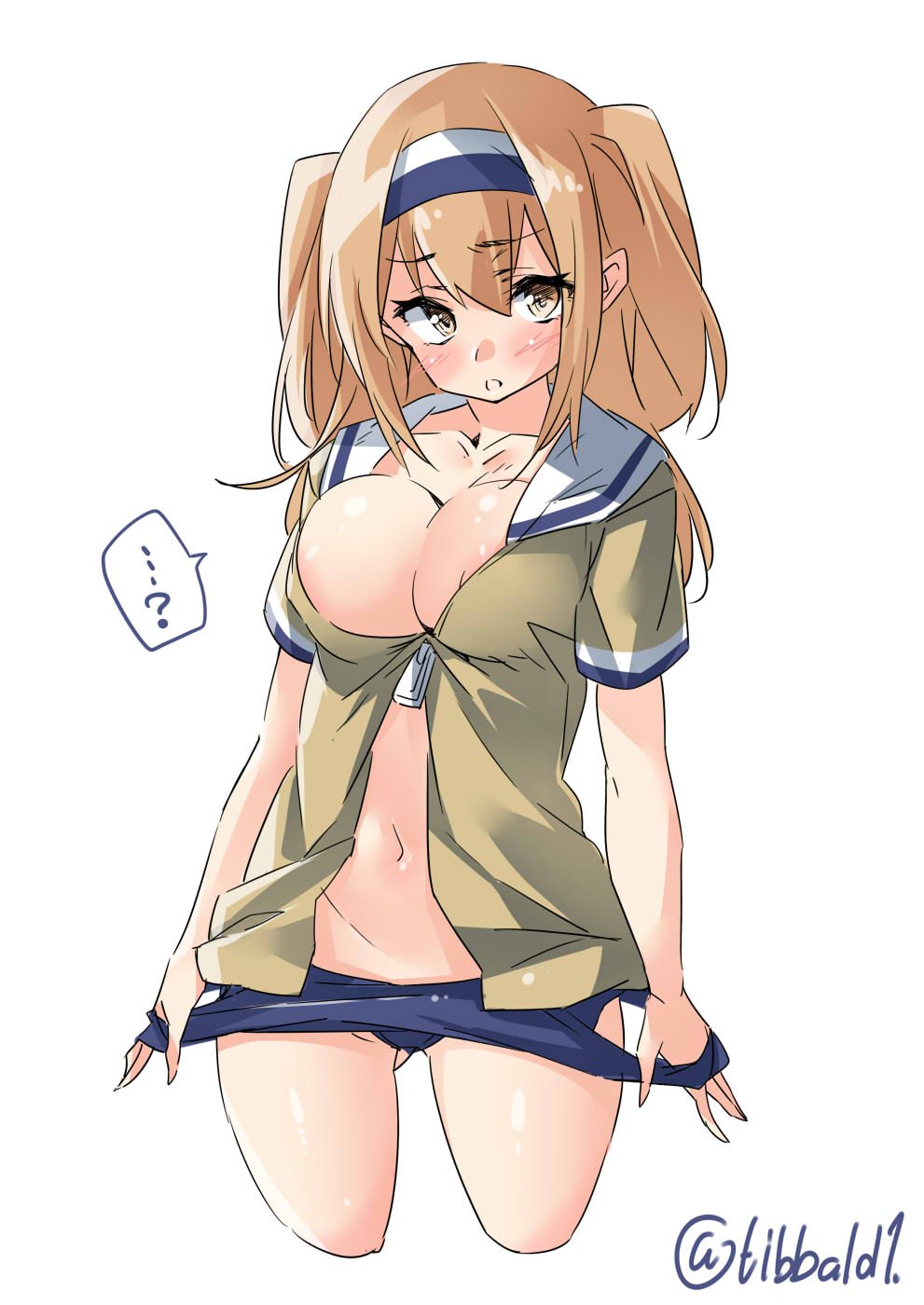 blush breasts collarbone ebifurya green_jacket hair_between_eyes hairband highres i-26_(kantai_collection) jacket kantai_collection large_breasts light_brown_eyes light_brown_hair long_hair new_school_swimsuit open_mouth sailor_collar school_swimsuit short_sleeves simple_background solo swimsuit twitter_username two-tone_hairband two_side_up white_background white_sailor_collar