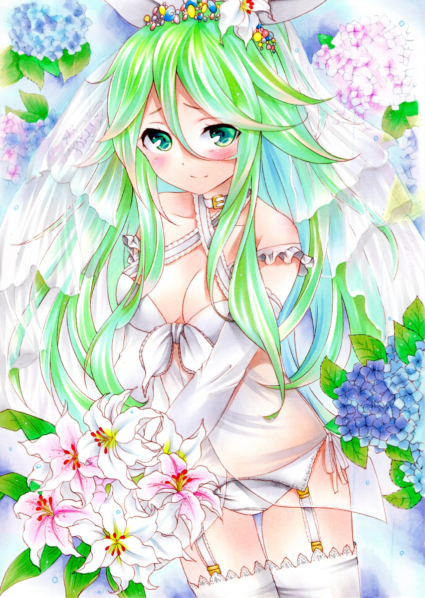 alternate_costume bikini blush bouquet breasts bridal_veil choker cleavage collarbone commentary_request dress flower green_eyes green_hair hair_between_eyes highres hydrangea kantai_collection lily_(flower) long_hair looking_at_viewer marker_(medium) medium_breasts smile solo swimsuit tiara traditional_media veil wedding_dress white_bikini yamakaze_(kantai_collection) yoruoujito-tsukinohime
