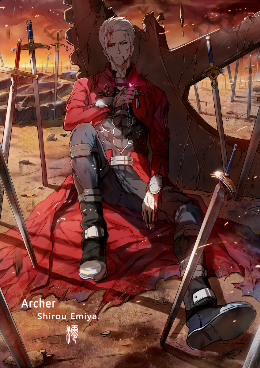 archer blood blood_on_face bloody_clothes bloody_hair bloody_hands brown_eyes cape cloud cuts destruction emiya_shirou fate/stay_night fate_(series) gears glowing half-closed_eyes hand_on_hip hand_on_own_chest highres injury jewelry jun_ling male_focus pendant planted_sword planted_weapon red_cape rock scrape shadow sitting smirk solo sparks spoilers sword torn_cape torn_clothes unlimited_blade_works weapon white_hair