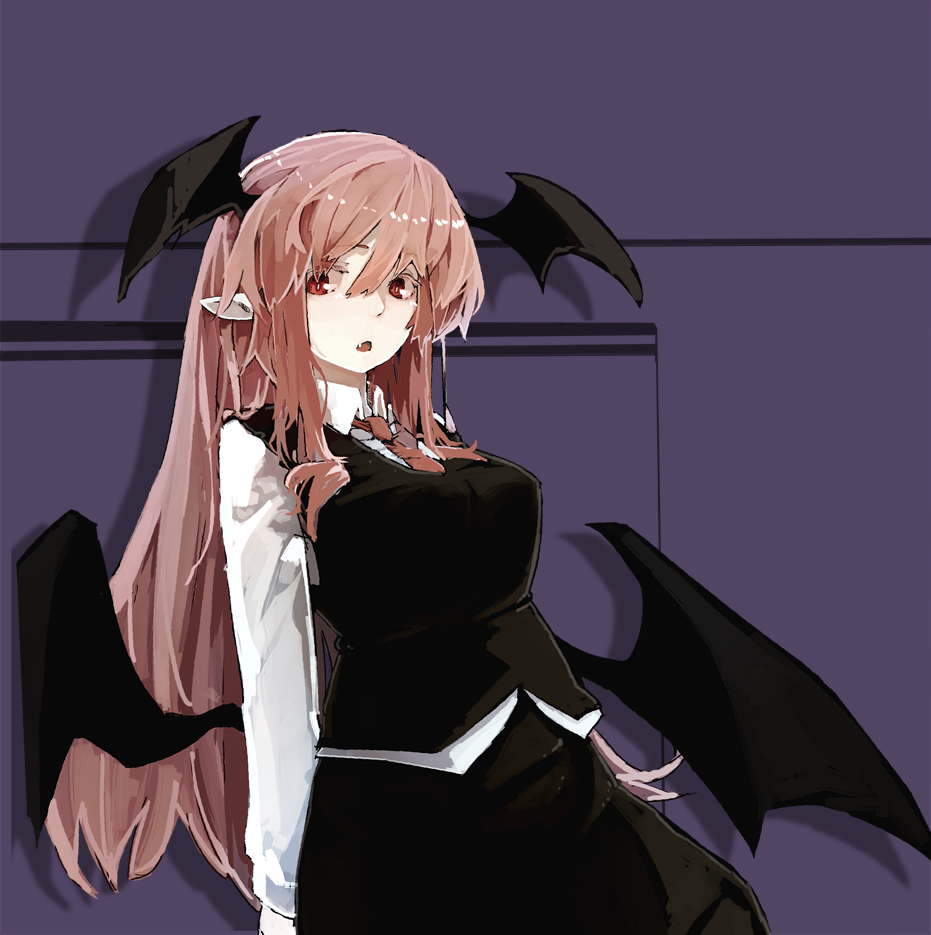 :o bat_wings blue_background breasts colored_eyelashes commentary_request cowboy_shot dress_shirt eyelashes fang futatsuki_eru head_wings koakuma large_breasts leaning_to_the_side long_hair looking_at_viewer looking_to_the_side low_wings necktie pale_skin pointy_ears red_eyes red_hair red_neckwear shadow shirt sidelocks simple_background skirt skirt_set solo touhou very_long_hair vest white_shirt wings