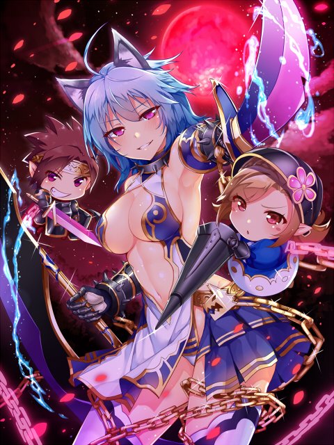 &gt;:) 2girls ahoge animal_ears armpits bad_id bad_twitter_id blue_hair breasts brown_hair chain character_request chibi cleavage commentary_request cowboy_shot dual_wielding electricity foreshortening full_moon gauntlets gold_chain gold_trim grin hair_between_eyes helmet holding holding_sword holding_weapon horosuke_(toot08) lance lord_of_walkure medium_breasts midriff moon multiple_girls navel parted_lips petals pink_eyes polearm red_moon revealing_clothes sideboob smile sword thighhighs v-shaped_eyebrows weapon white_legwear