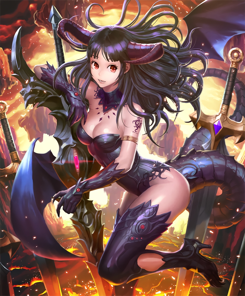 artist_request black_hair boots breasts collar cursebrand_vampire cygames demon_girl demon_horns demon_tail demon_wings fingernails gloves high_heels holding holding_sword holding_weapon horns long_hair looking_at_viewer medium_breasts official_art red_eyes shadowverse sharp_fingernails shingeki_no_bahamut sword tail tattoo thigh_boots thighhighs weapon wings