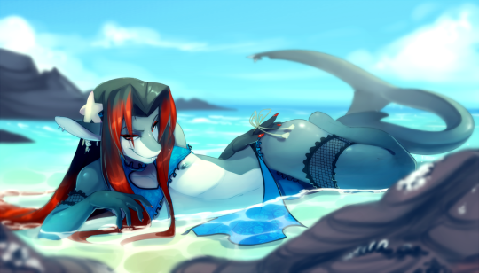 akula_(fenix-fox) beach clothing colored_nails detailed_background fenix-fox fish girly hair legwear long_hair long_tail male marine peritian piercing pose presenting red_eyes red_hair red_nails ribbons rock seaside shark starfish thick_thighs voluptuous