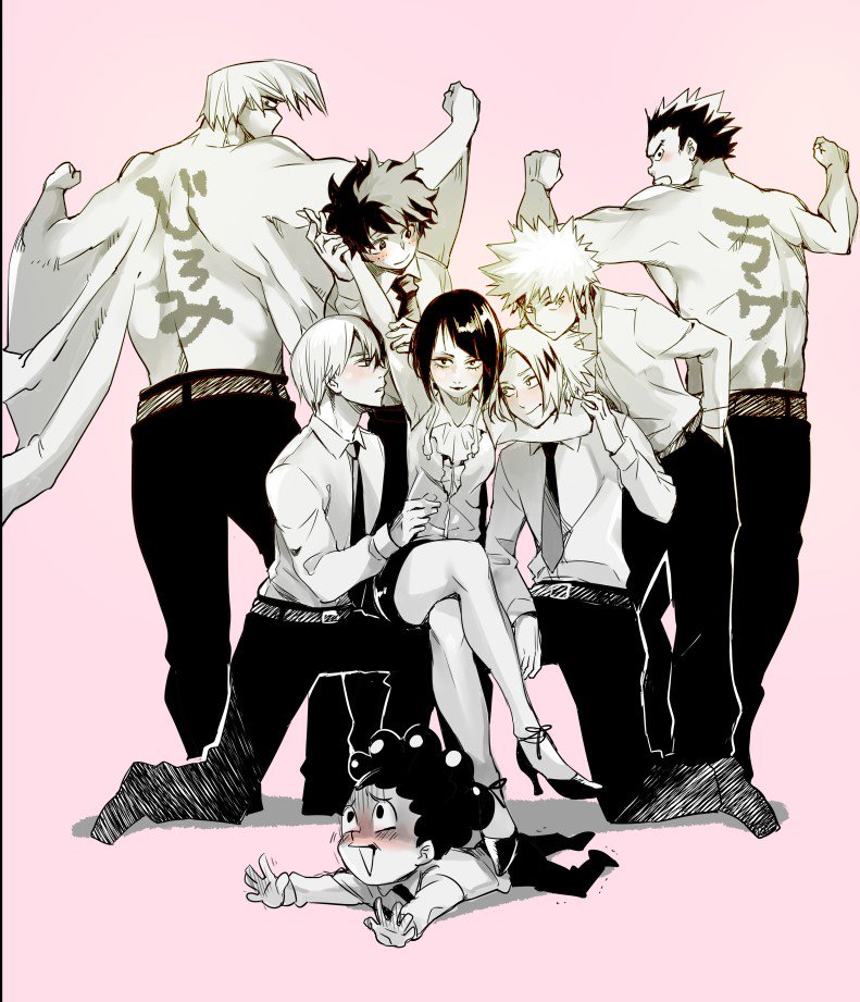 6+boys arm_up armpits back back_tattoo bakugou_katsuki bare_back bare_shoulders black_pants black_shorts blush boku_no_hero_academia collared_shirt crossed_legs full_body greyscale half-closed_eyes hand_on_another's_face head_on_shoulder high_heels jirou_kyouka kaminari_denki lipstick long_sleeves looking_at_viewer lying makeup male_harem midoriya_izuku mineta_minoru monochrome multiple_boys muscle necktie on_floor on_stomach pants pink_background satou_rikidou shirt shirtless short_hair shorts shouji_mezou simple_background sitting sleeveless smile spiked_hair stepped_on tattoo todoroki_shouto