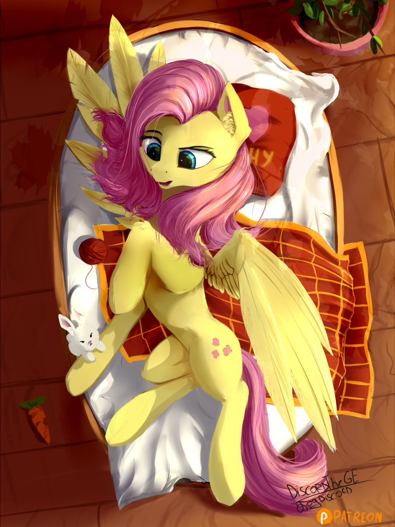 angel_(mlp) blue_eyes cutie_mark detailed_background discordthege equine feathered_wings feathers female feral fluttershy_(mlp) friendship_is_magic hair hooves lagomorph lying mammal my_little_pony pegasus pink_hair rabbit smile wings yellow_feathers