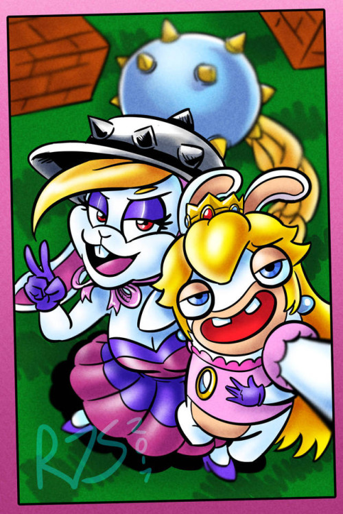 ambiguous_gender anthro armor blonde_hair breasts buckteeth cleavage clothed clothing crossover crown dress duo female fur gloves hair harriet_(mario) helmet humor lagomorph looking_at_viewer mammal nintendo pose rabbid rabbit ronnieraccoon selfie smug super_mario_odyssey teeth ubisoft v_sign video_games white_fur