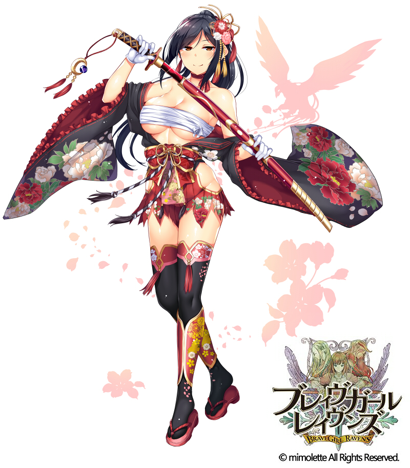 bare_shoulders black_hair black_legwear blush brave_girl_ravens breasts brown_eyes budget_sarashi cleavage clog_sandals closed_mouth clothes_down collarbone commentary_request floral_print flower full_body groin hair_flower hair_ornament holding holding_sword holding_weapon horosuke_(toot08) japanese_clothes jitome katana kimono large_breasts long_hair long_sleeves looking_at_viewer miniskirt mono_(brave_girl_ravens) obi off_shoulder official_art ponytail red_skirt revealing_clothes sarashi sash sheath sidelocks skirt smile solo standing sword thighhighs underboob unsheathing weapon wide_sleeves