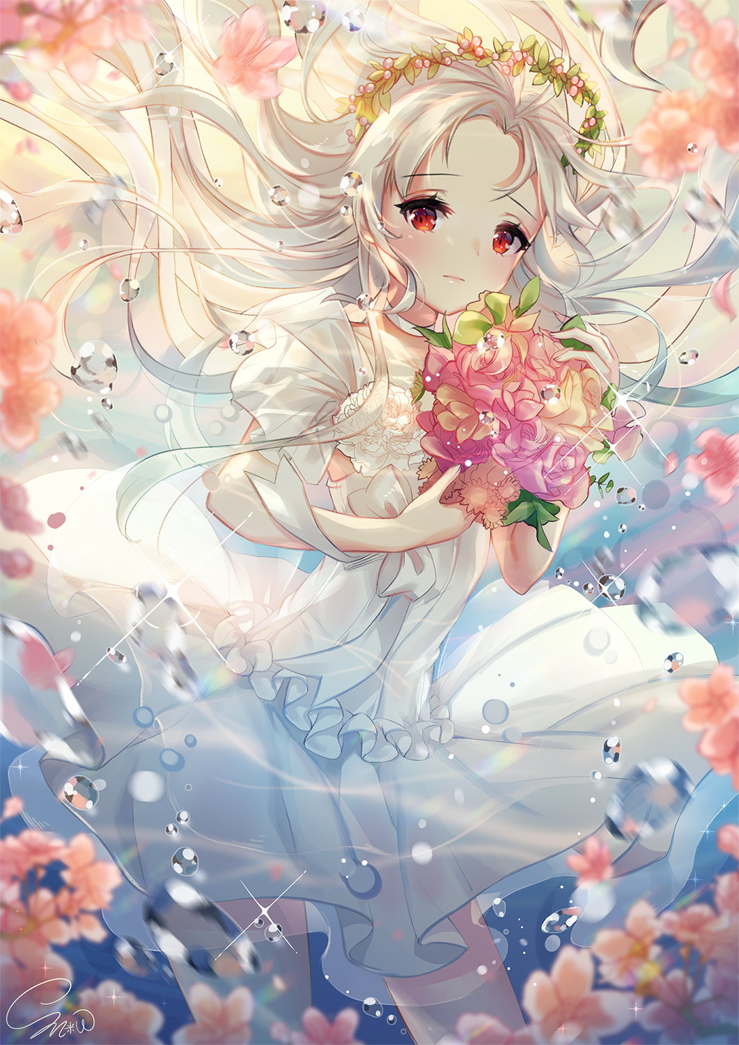 blush bouquet bow bubble eyebrows_visible_through_hair floating_hair flower highres holding holding_bouquet holding_flower long_hair looking_at_viewer original red_eyes signature snow_is solo white_bow white_hair