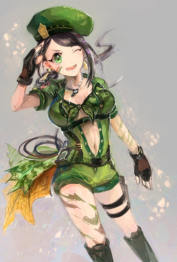 beret black_hair breasts cleavage dog_tags fingerless_gloves gloves green_eyes hat idolmaster idolmaster_cinderella_girls idolmaster_cinderella_girls_starlight_stage large_breasts long_hair looking_at_viewer military military_uniform navel one_eye_closed ponytail salute sketch smile solo sorayumeamano uniform yamato_aki